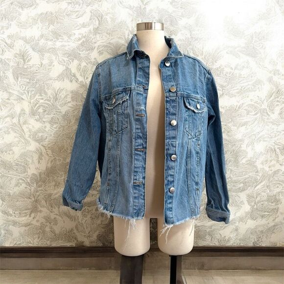 H&M Divided Medium Wash Distressed Jean Denim Jacket Coat Cropped L - Picture 1 of 7
